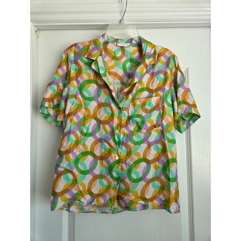 Sandro Paris Silk Caledonia Circle Multicolor Short Sleeve Button Shirt Size 1/S